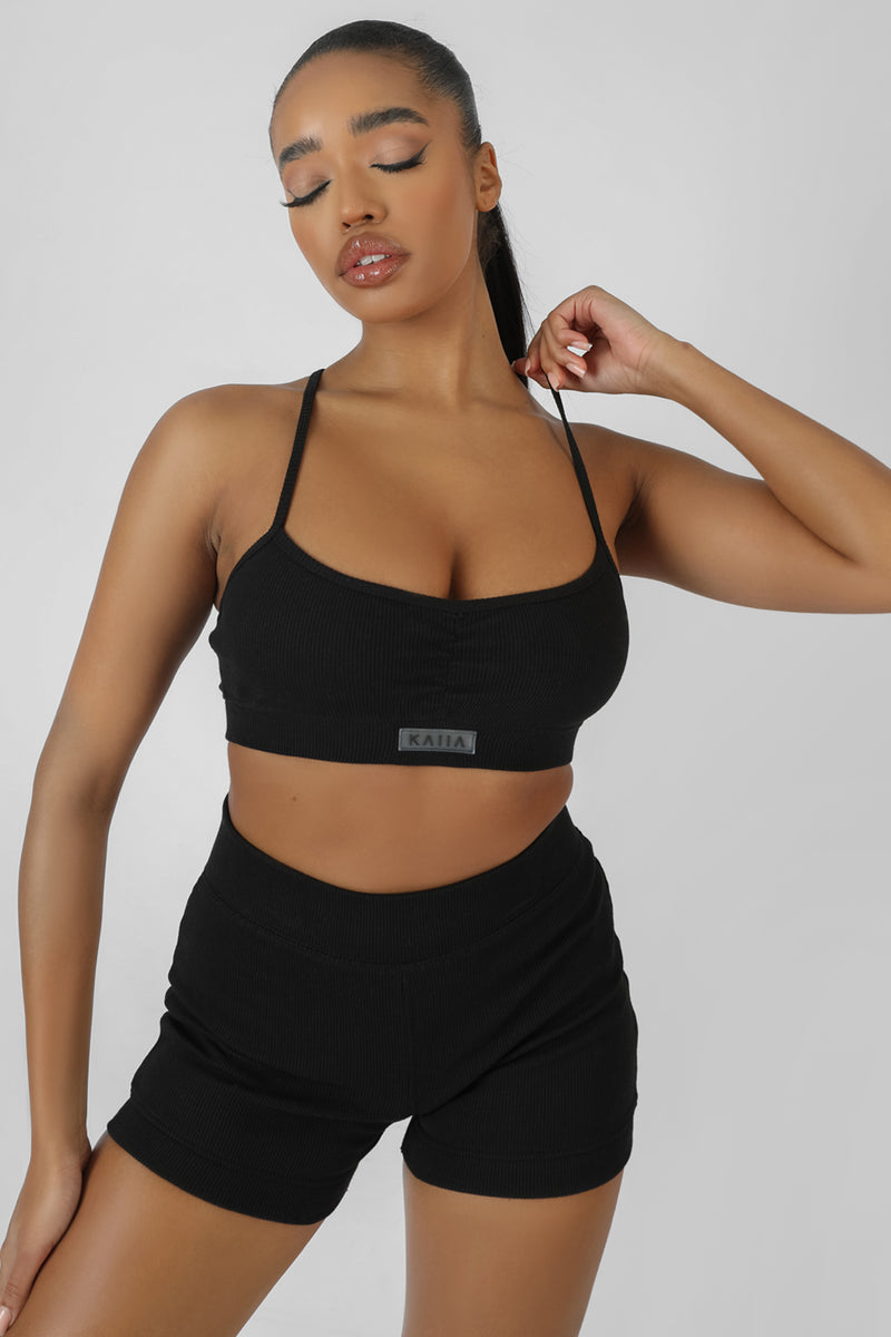 ATHLEISURE CROSS BACK RIBBED BRALET BLACK