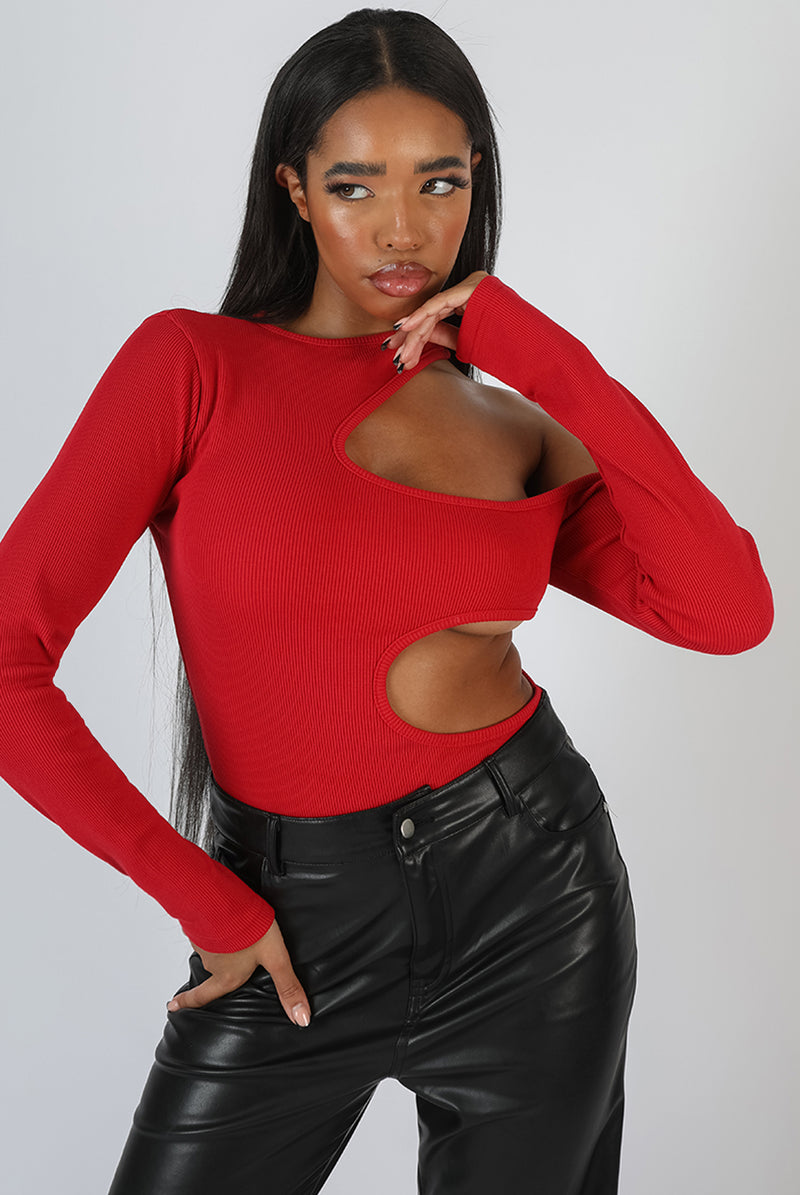 CUT OUT DETAIL RIBBED BODYSUIT RED
