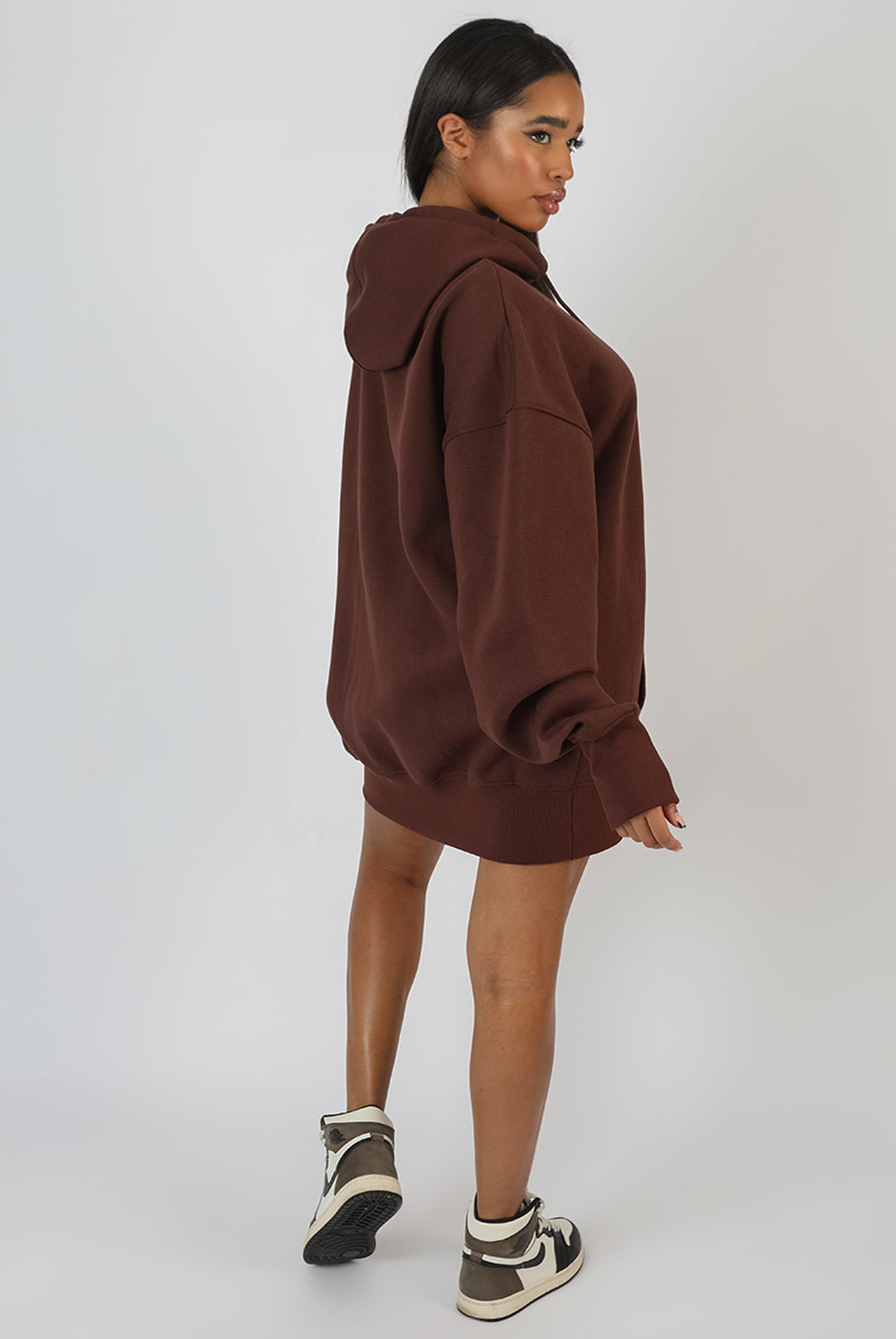 OVERSIZED SWEAT HOODIE DRESS CHOCOLATE
