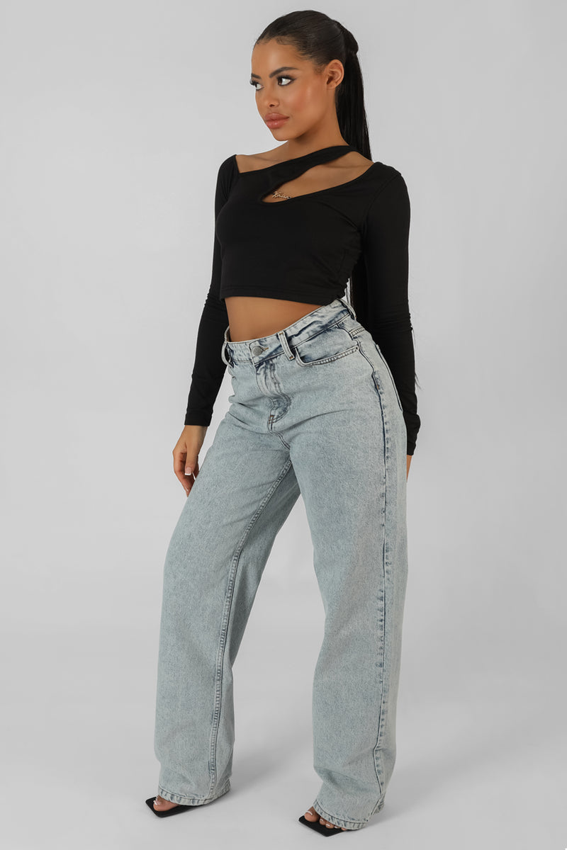 KAIIA TRIM ASYMMETRIC LONG SLEEVE TOP BLACK