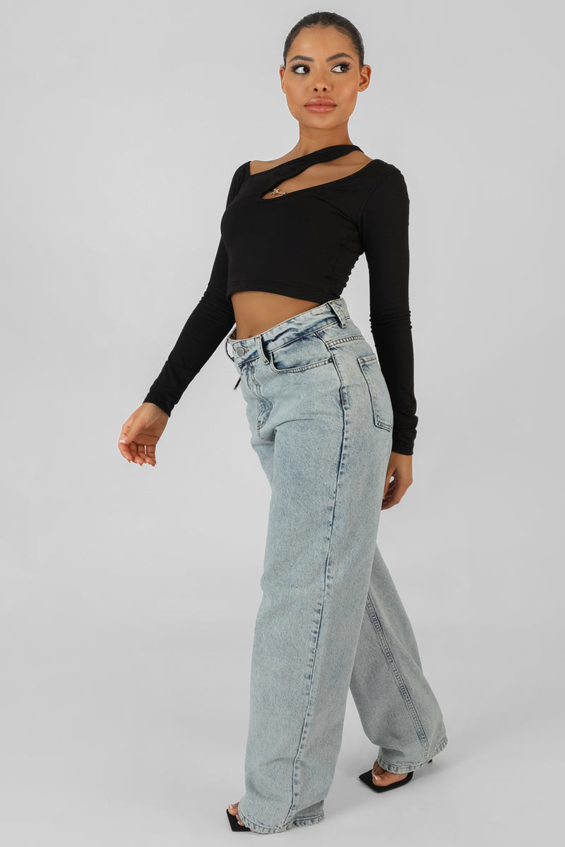 KAIIA TRIM ASYMMETRIC LONG SLEEVE TOP BLACK