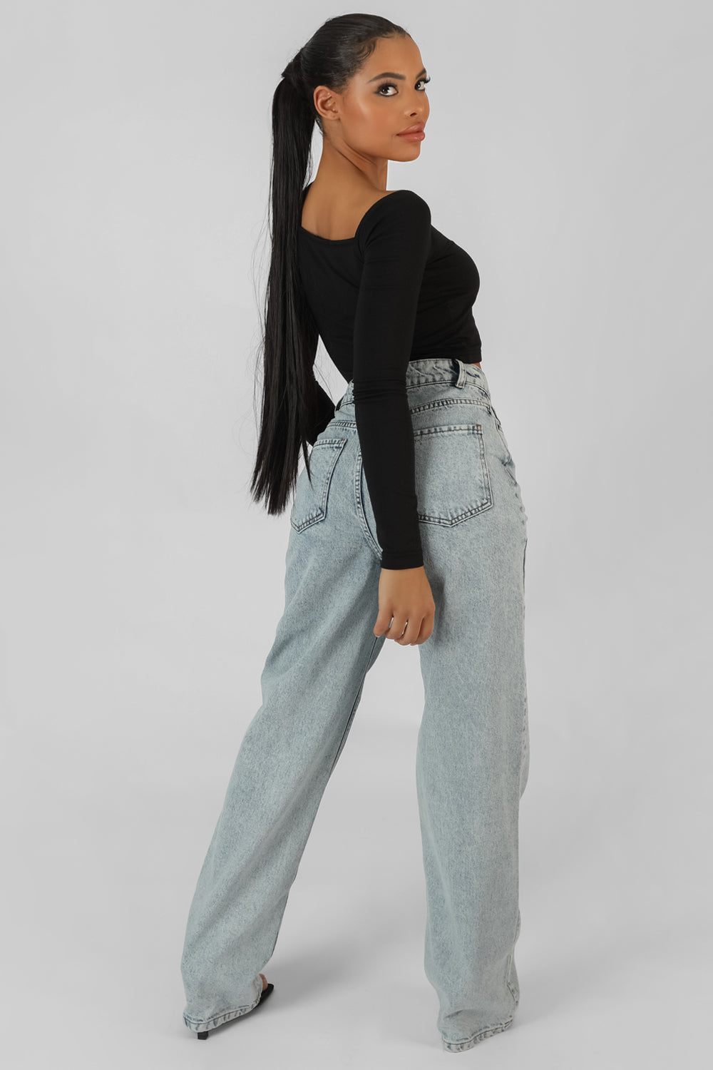 KAIIA TRIM ASYMMETRIC LONG SLEEVE TOP BLACK