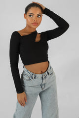 KAIIA TRIM ASYMMETRIC LONG SLEEVE TOP BLACK