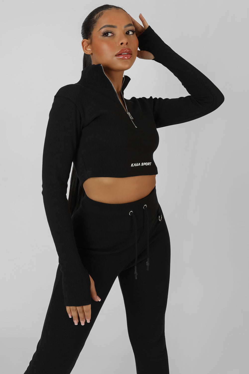 ZIP FRONT HIGH NECK KAIIA SPORT TOP BLACK