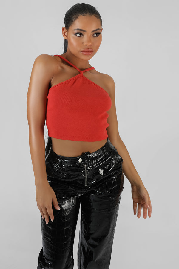 HALTER NECK STRAPPY CROP TOP CORAL