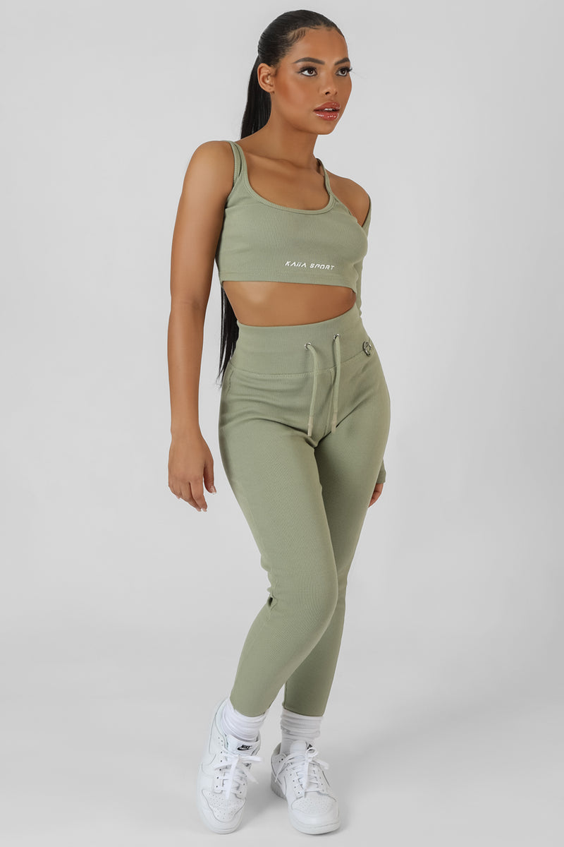 DRAWSTRING WAIST KAIIA SPORT LEGGINGS KHAKI