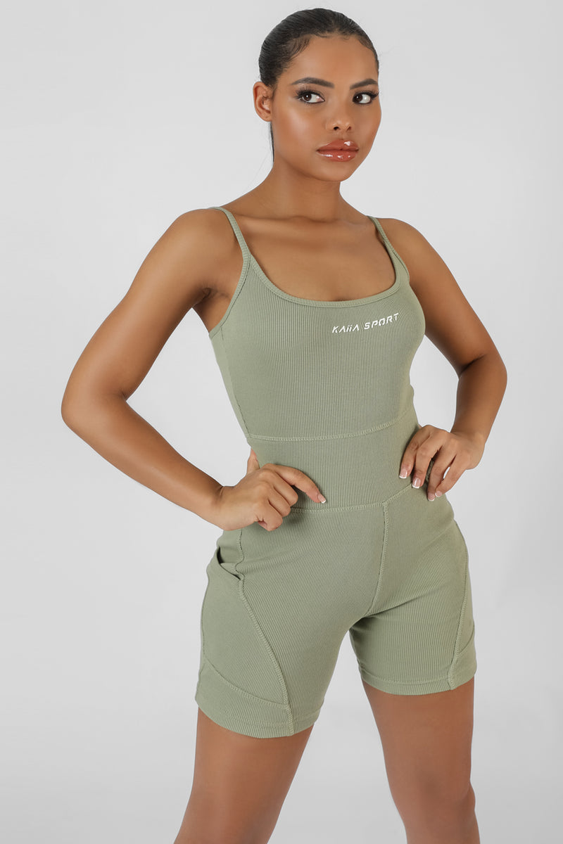 POCKET DETAIL KAIIA SPORT SHORT UNITARD KHAKI