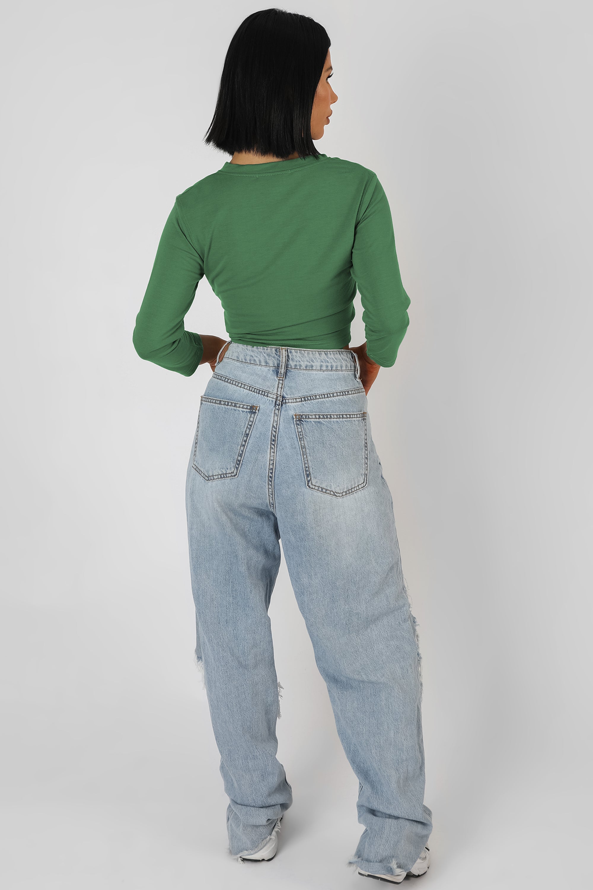 BUTTON FRONT LONG SLEEVE CROP TOP KHAKI