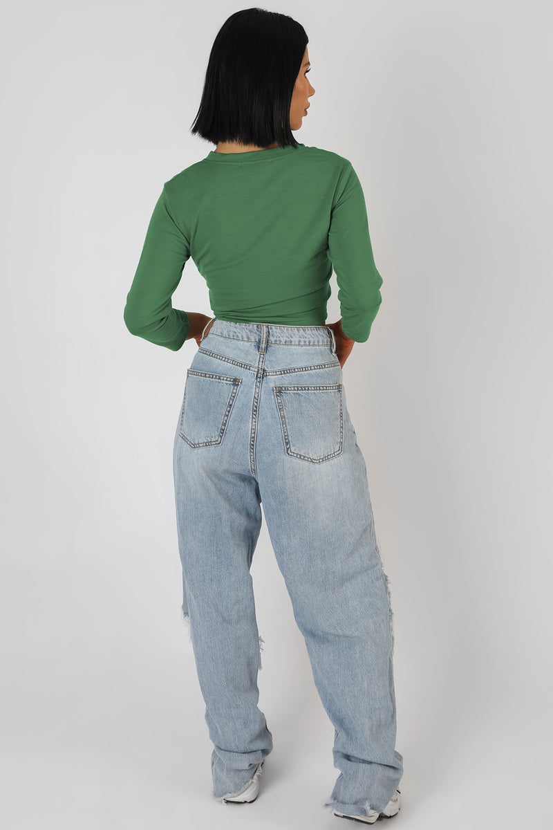 BUTTON FRONT LONG SLEEVE CROP TOP KHAKI