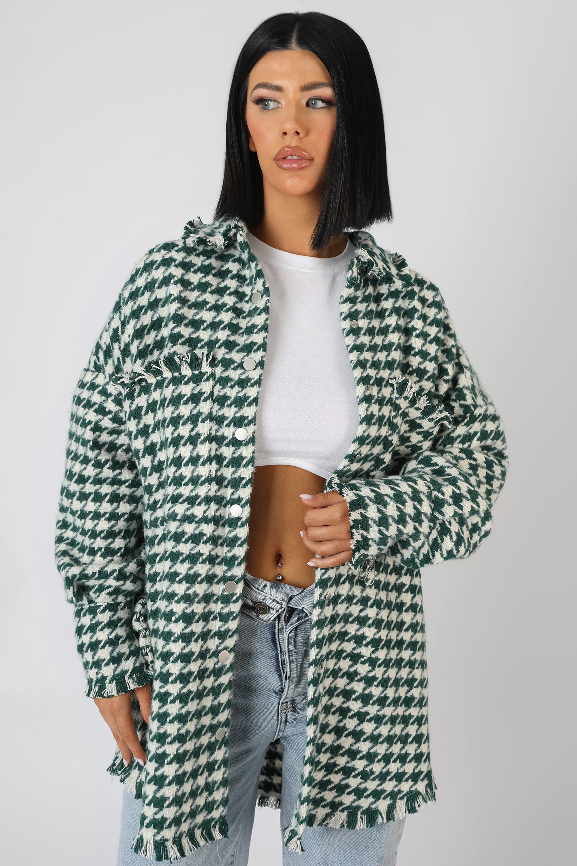HOUNDSTOOTH SHACKET FOREST GREEN