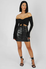 RUCHED FRONT BARDOT RIBBED TOP BLACK