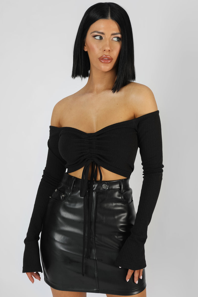 RUCHED FRONT BARDOT RIBBED TOP BLACK