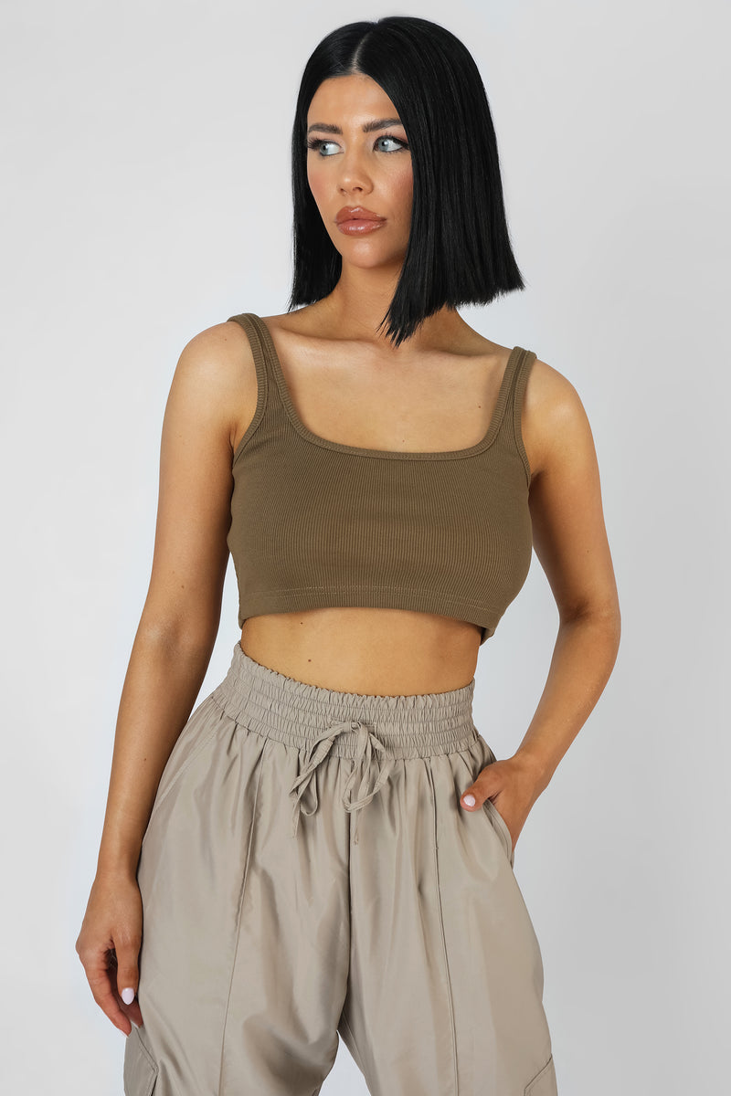 SQUARE NECK RIBBED CROP TOP KHAKI