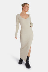 KNITTED OFF SHOULDER MIDI DRESS OATMEAL MARL