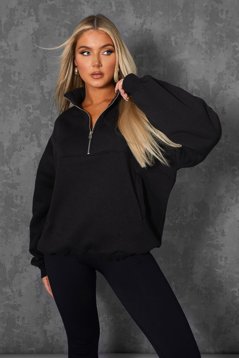 OVERSIZED HALF ZIP PULLOVER POCKET FRONT SWEATSHIRT BLACK