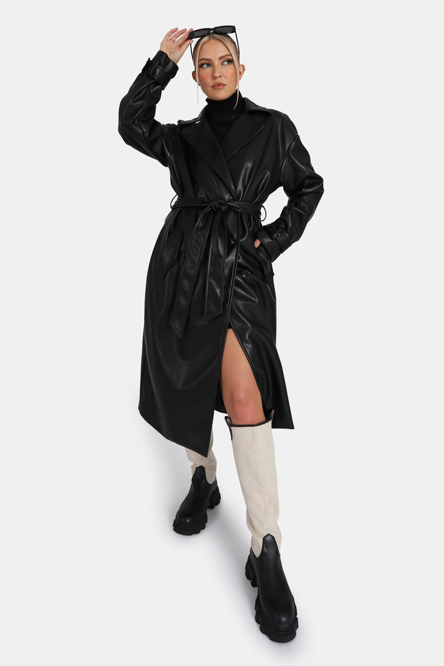 LONGLINE PU BELTED BLACK TRENCH