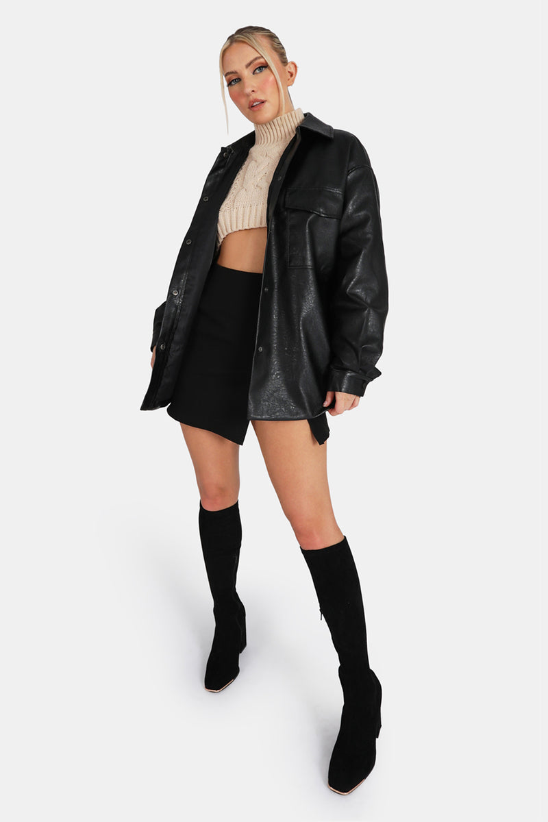 Vegan Leather Pocket Oversized Shacket Black
