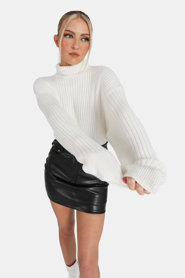 HIGH NECK CONSTRAST STITCH RIBBED KNITTED OVERSIZED JUMPER IVORY