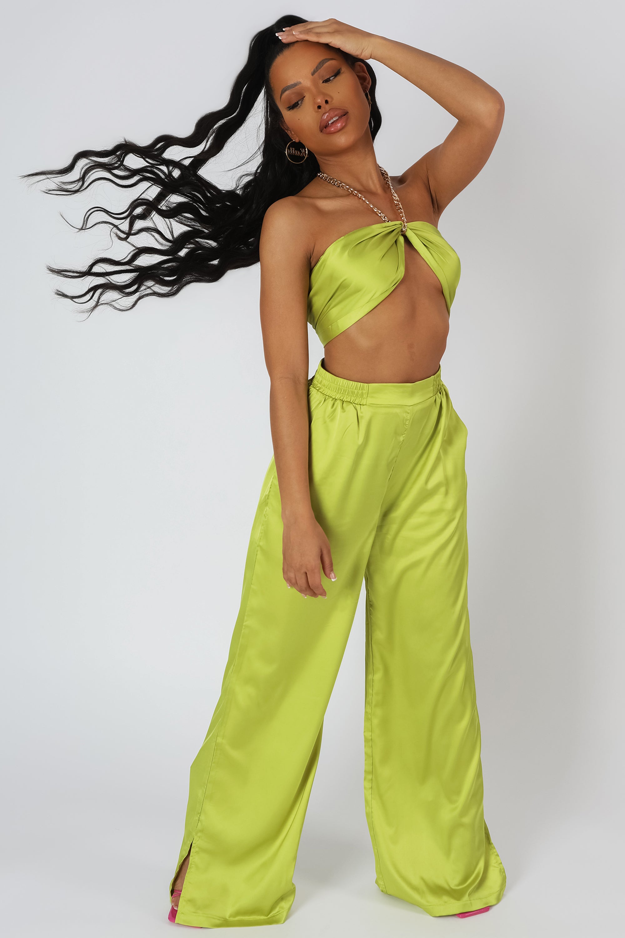 SATIN CHAIN HALTERNECK TOP LIME