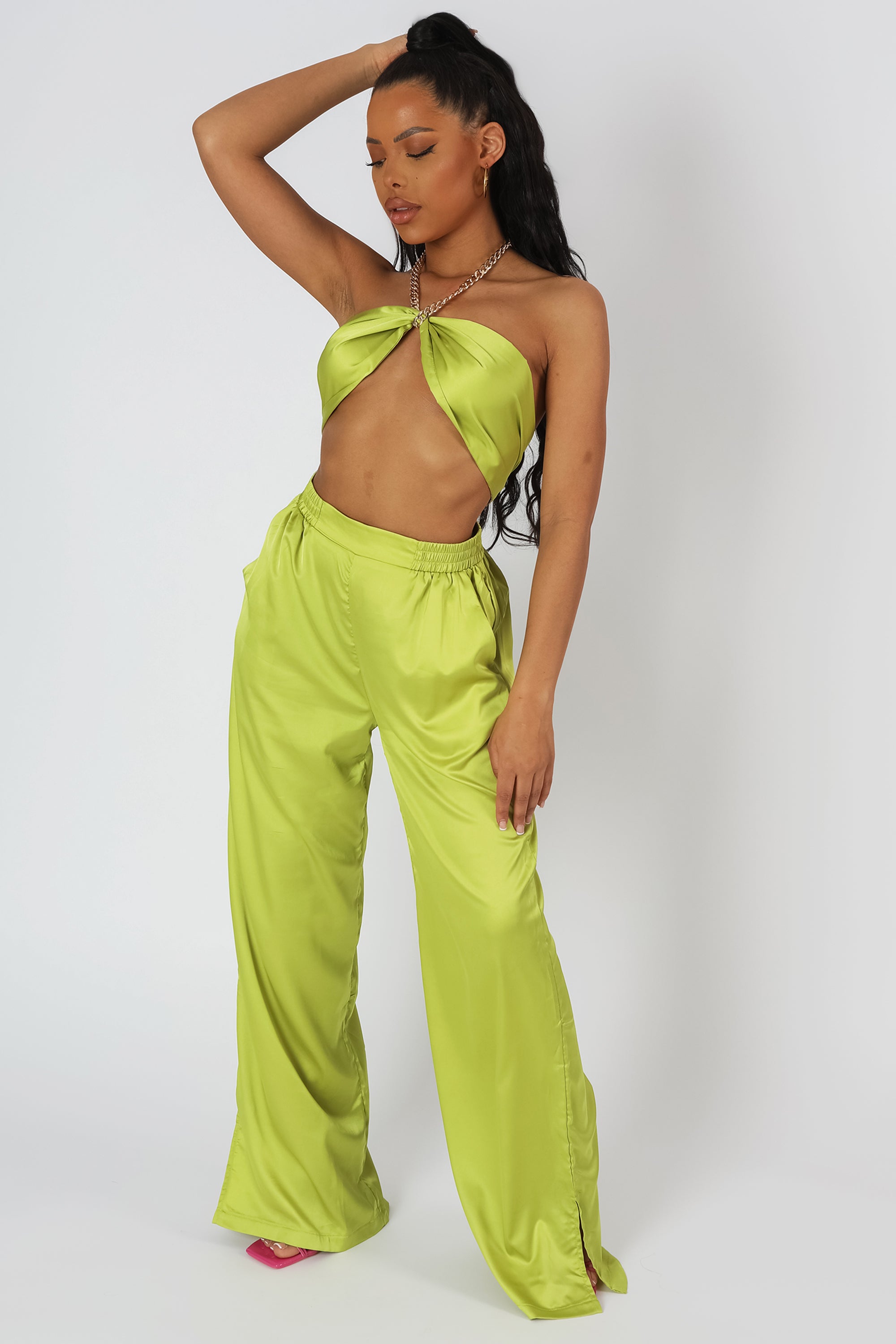 SATIN CHAIN HALTERNECK TOP LIME