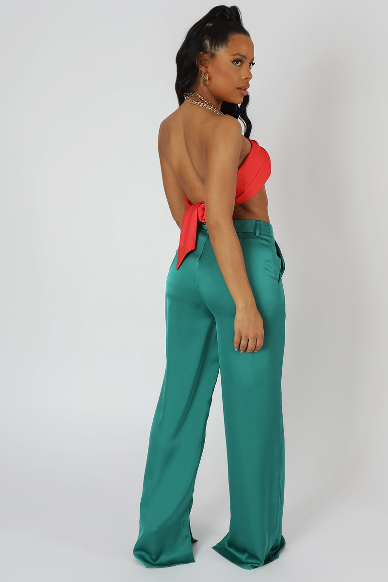 WIDE LEG SPLIT HEM SATIN TAILORED TROUSERS GREEN