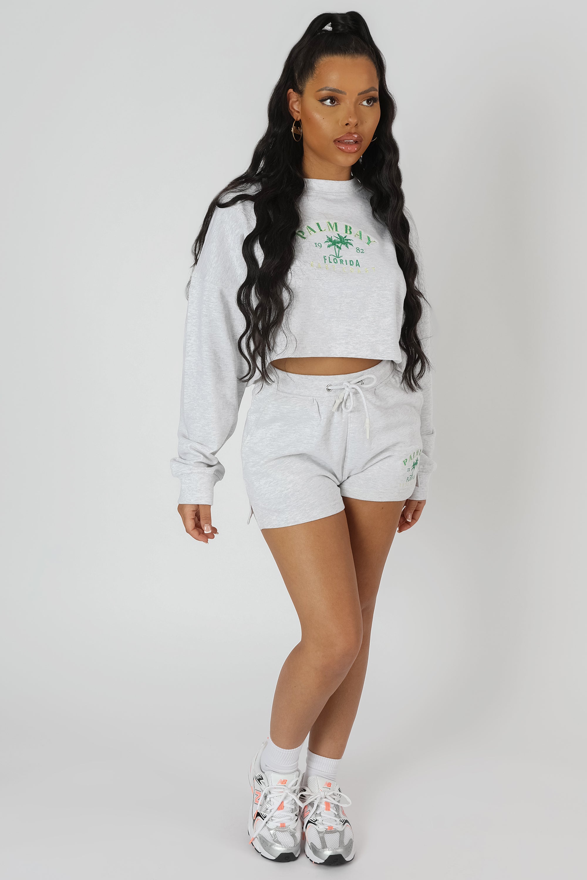 CROPPED SLOGAN OVERSIZED SWEATER OATMEAL MARL