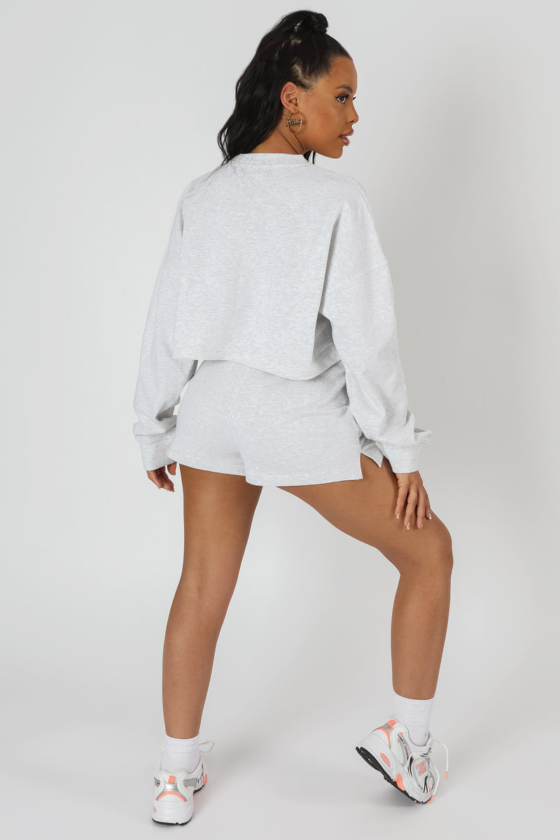 CROPPED SLOGAN OVERSIZED SWEATER OATMEAL MARL