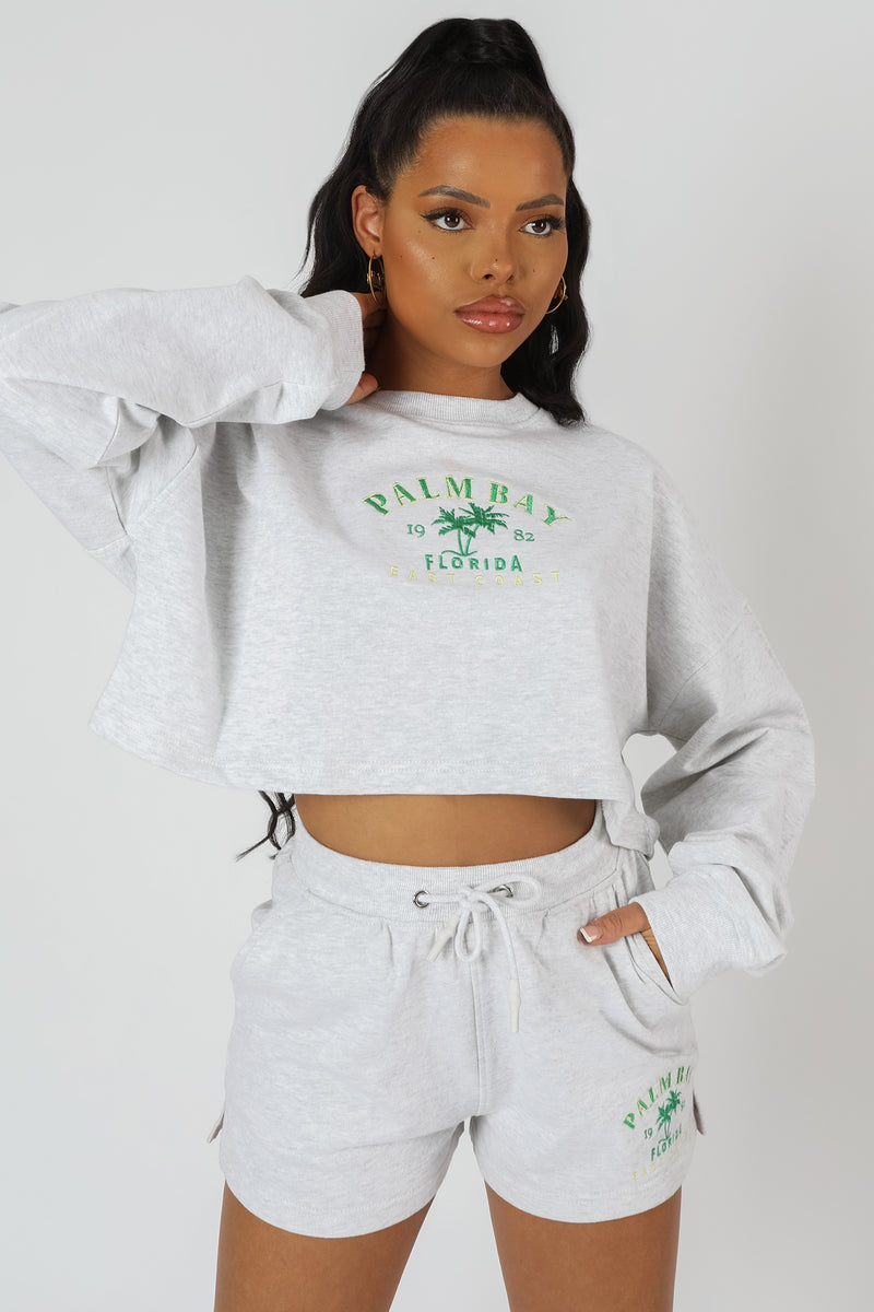 CROPPED SLOGAN OVERSIZED SWEATER OATMEAL MARL