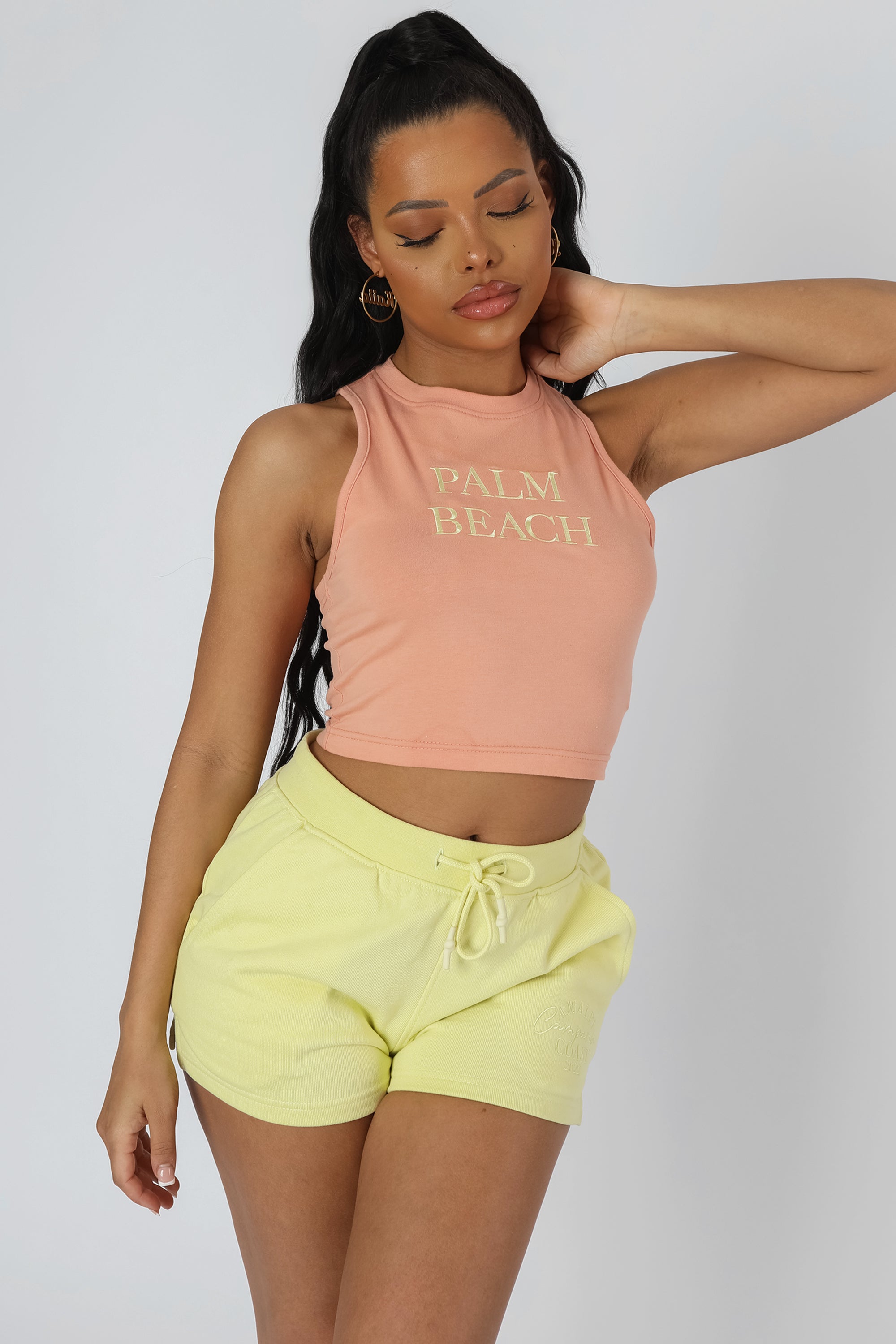 PALM BEACH EMBROIDERED RACER CROP TOP PEACH