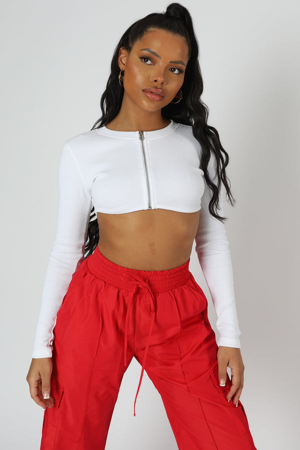 ZIP THROUGH UNDERBUST RIBBED TOP WHITE