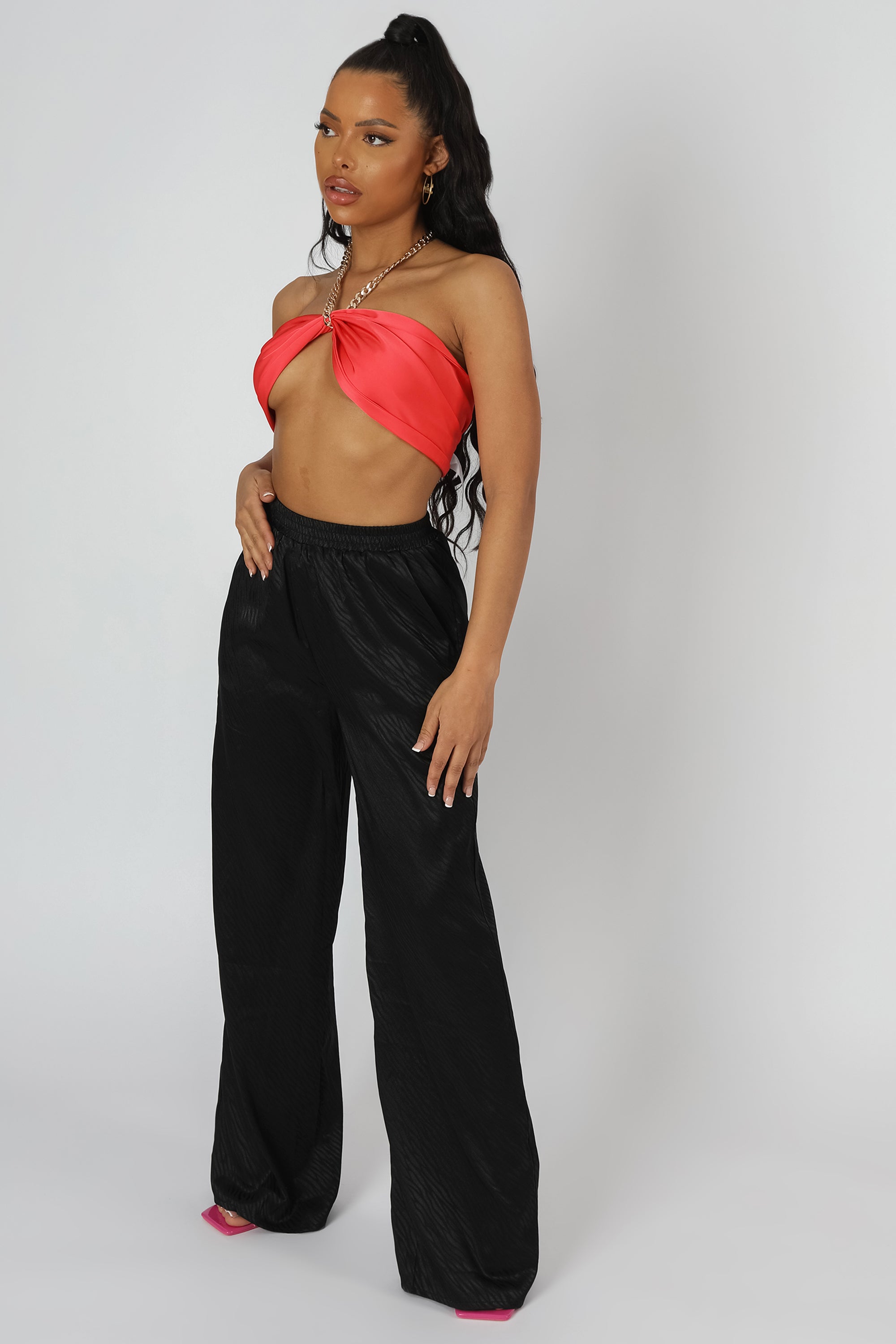 SATIN ZEBRA PRINT WIDE LEG TROUSERS BLACK