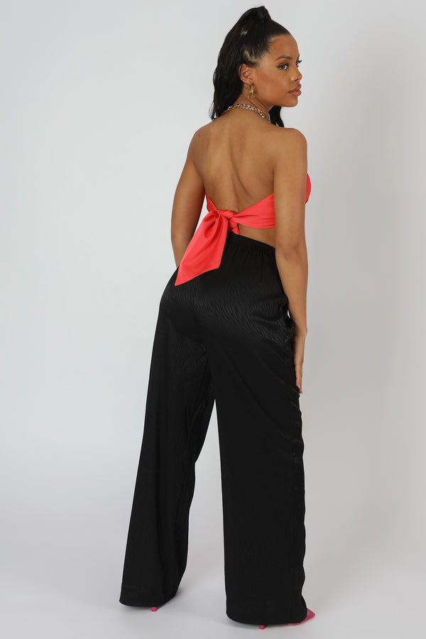 SATIN ZEBRA PRINT WIDE LEG TROUSERS BLACK