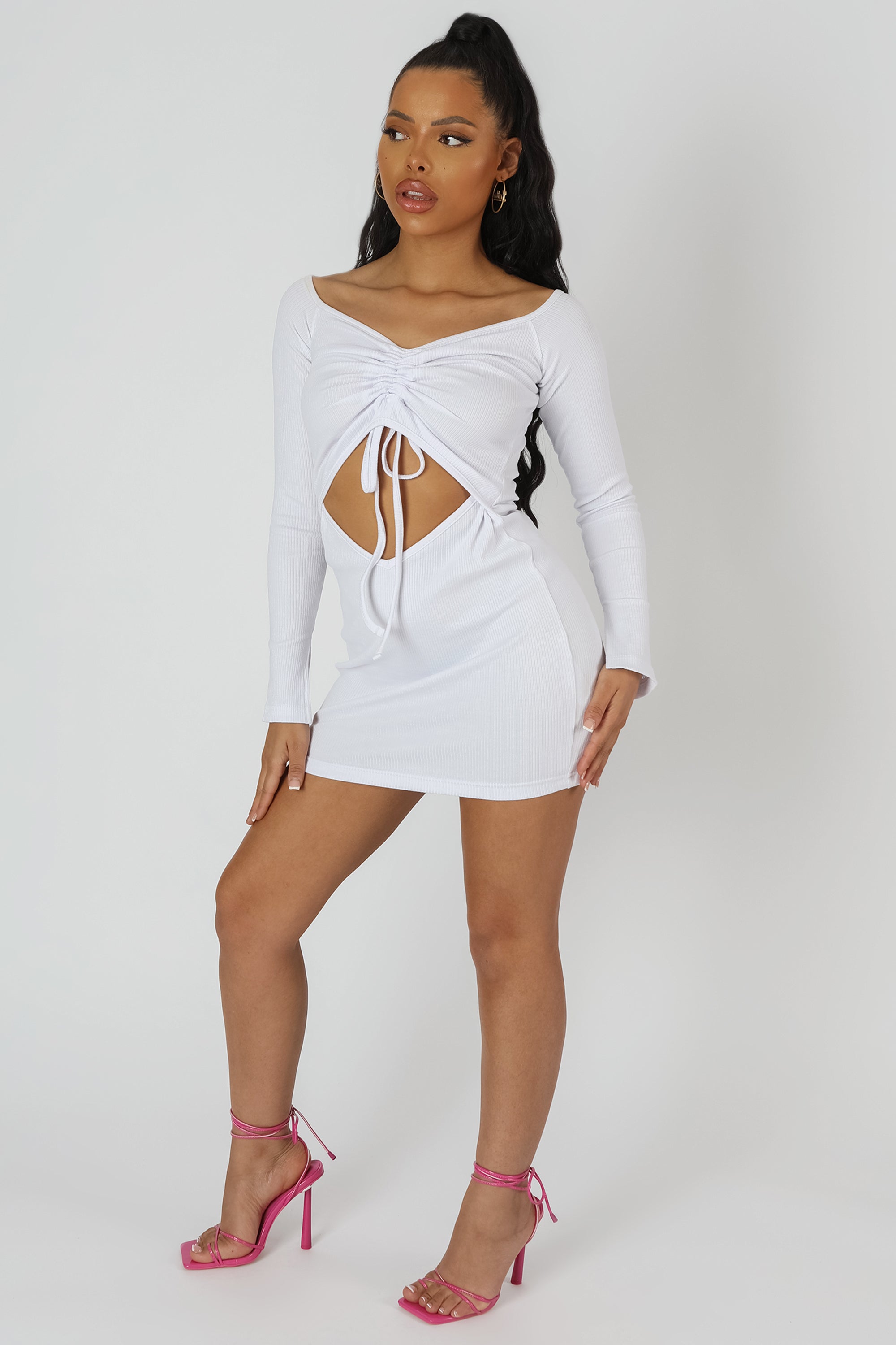 BODYCON BARDOT RUCHED TIE FRONT MINI DRESS WHITE