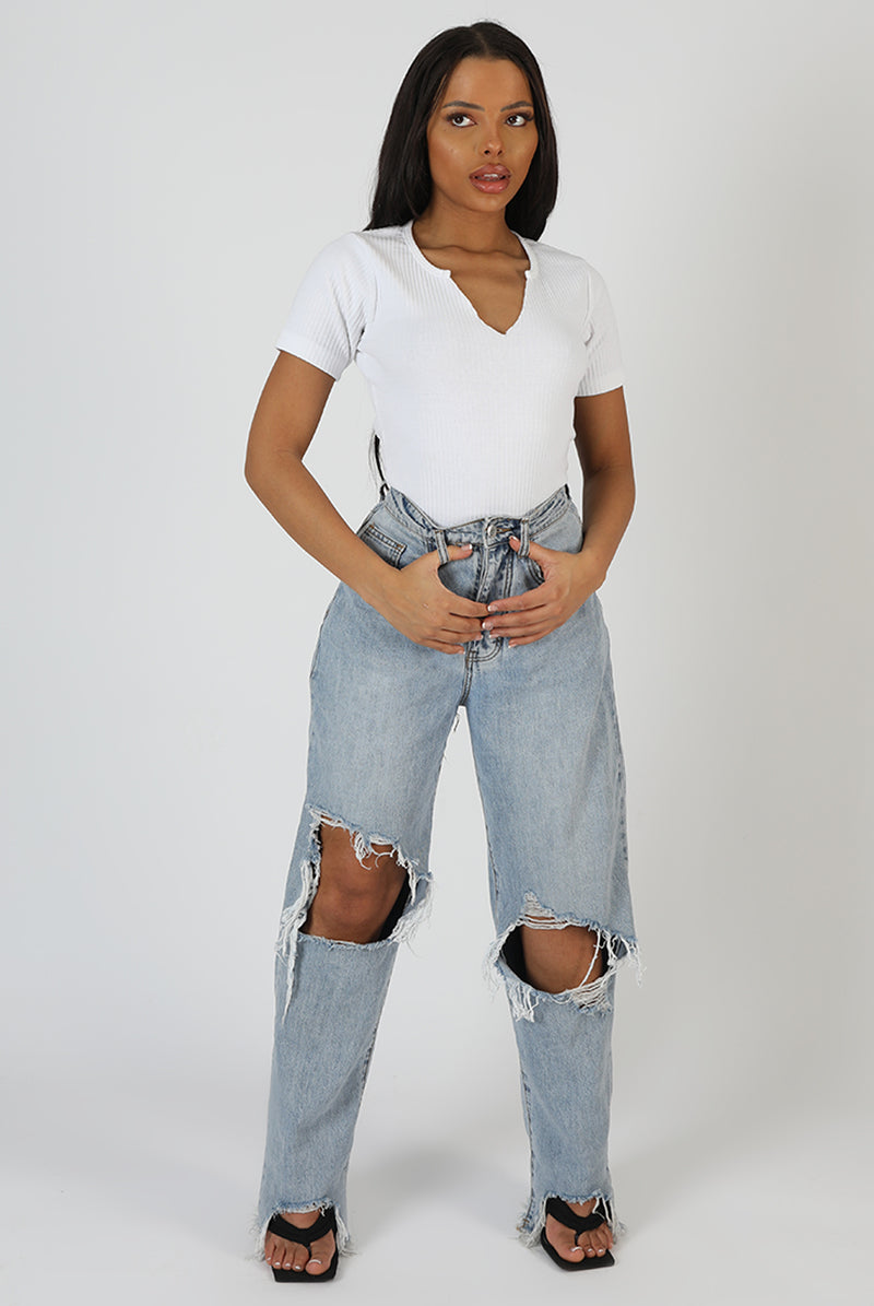 KNOTCH FRONT SHORT SLEEVE RIBBED BODYSUIT WHITE