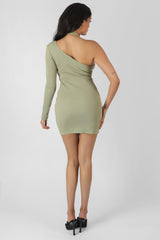 ONE SLEEVE CROSS STRAP ASYMMETRIC MINI DRESS SAGE