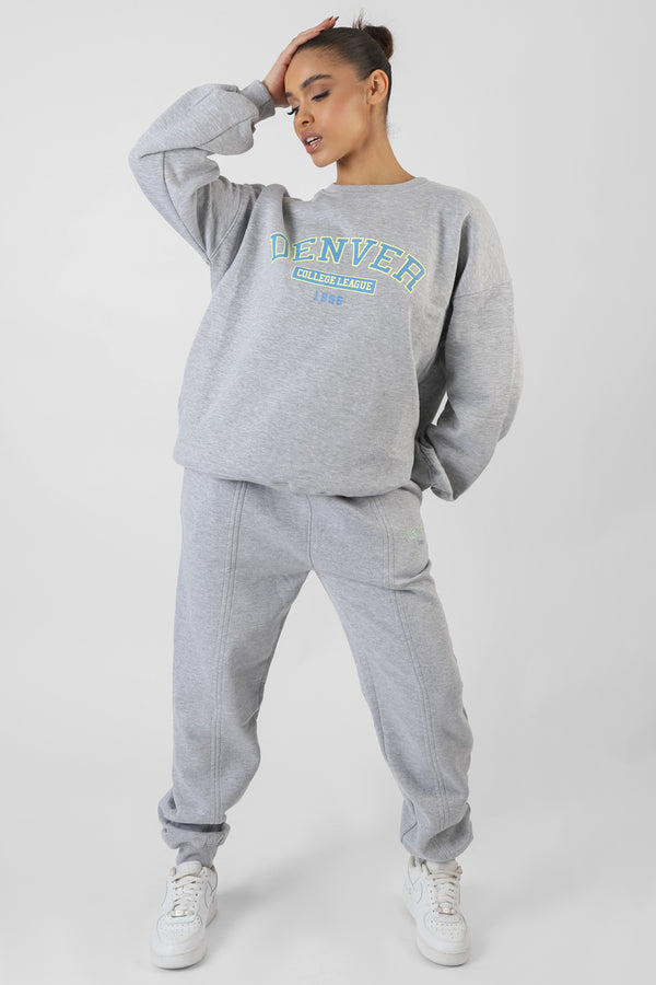 OVERSIZED FIT DENVER PRINT SEAM DETAIL JOGGERS GREY