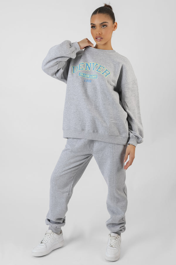 OVERSIZED FIT DENVER PRINT SEAM DETAIL JOGGERS GREY