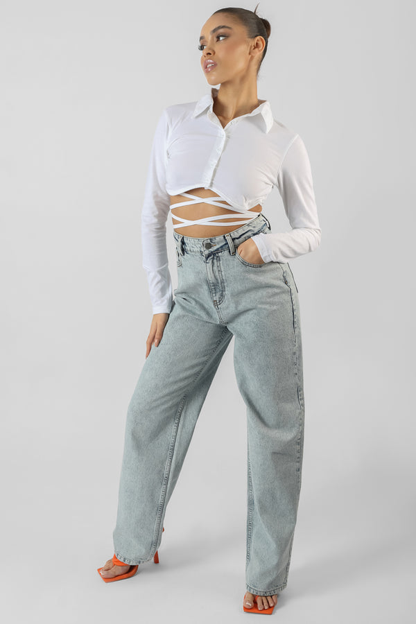 STRAPPY TIE WAIST CROPPED POLO SHIRT WHITE