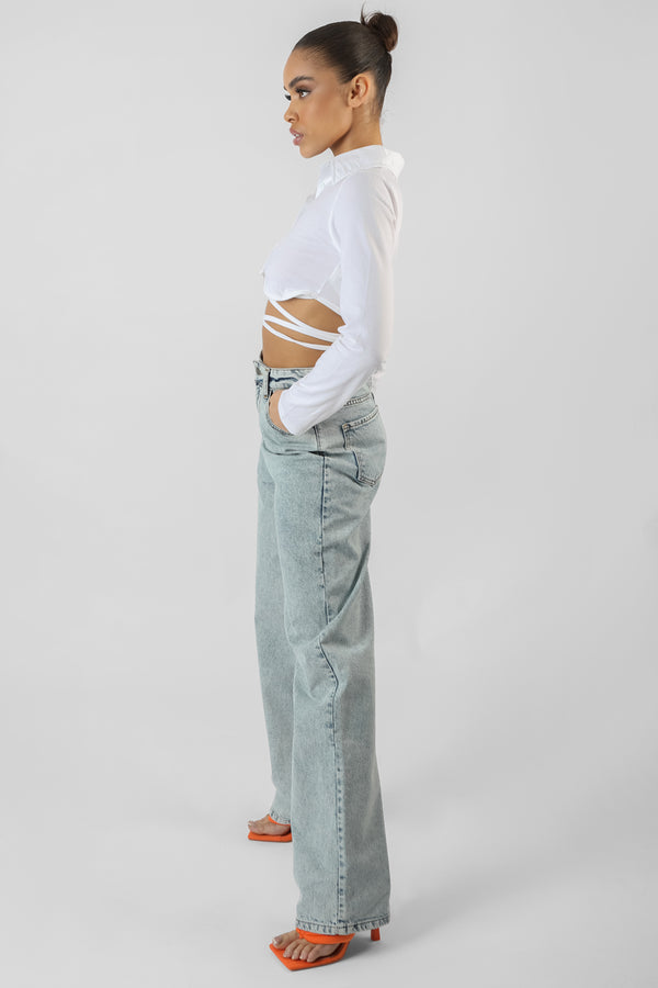 STRAPPY TIE WAIST CROPPED POLO SHIRT WHITE