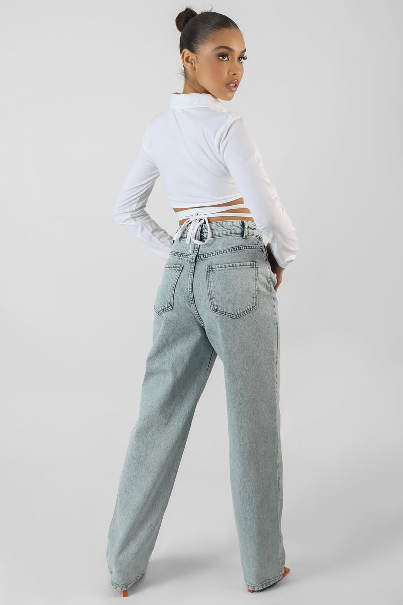 STRAPPY TIE WAIST CROPPED POLO SHIRT WHITE