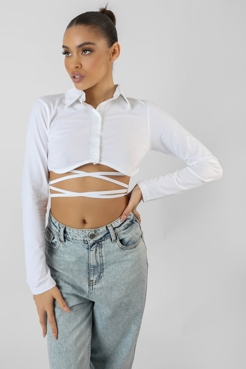 STRAPPY TIE WAIST CROPPED POLO SHIRT WHITE
