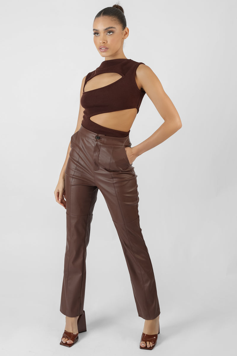 PU SEAM FRONT SPLIT DETAIL TROUSERS CHOCOLATE