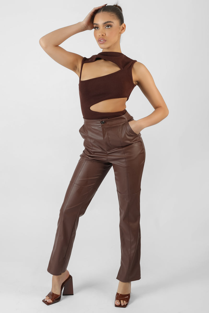 PU SEAM FRONT SPLIT DETAIL TROUSERS CHOCOLATE