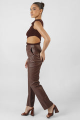 PU SEAM FRONT SPLIT DETAIL TROUSERS CHOCOLATE