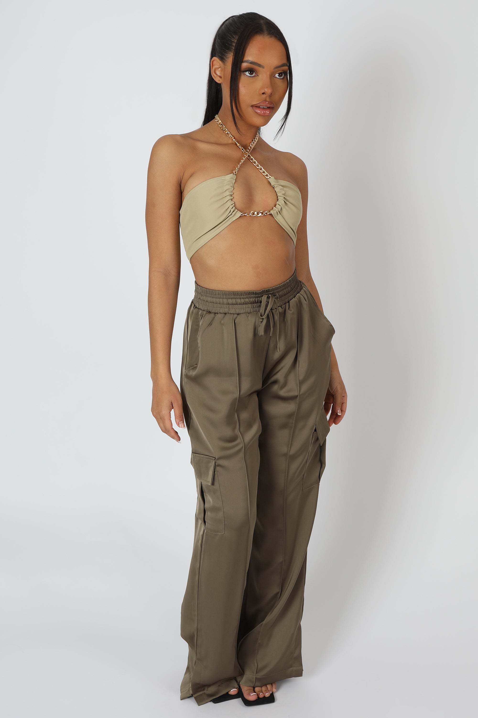 LOOP RUCHING CHAIN STRAP BRA TOP SAGE