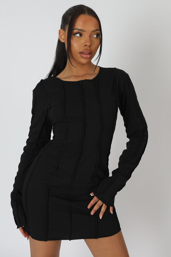 SEAM DETAIL LONG SLEEVE MINI DRESS BLACK