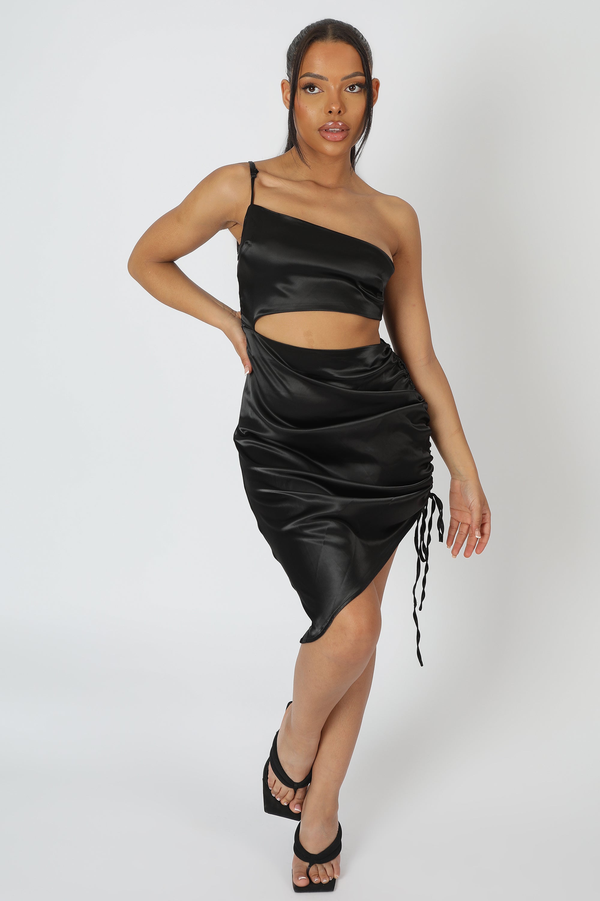 ASYMMETRIC CUT OUT RUCHED SATIN MIDI DRESS BLACK