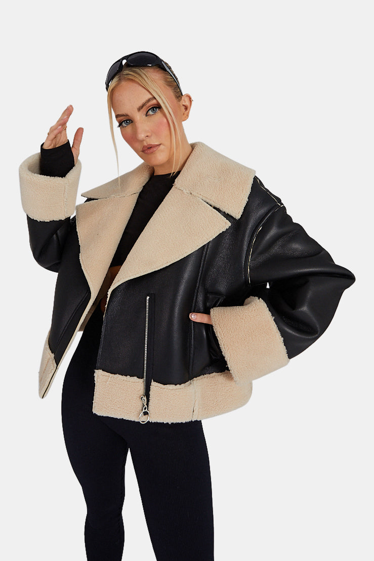 FUR LINED CROPPED AVIATOR COAT BLACK
