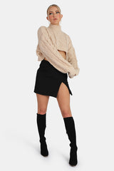 ROLL NECK CROPPED CABLE KNITTED JUMPER STONE
