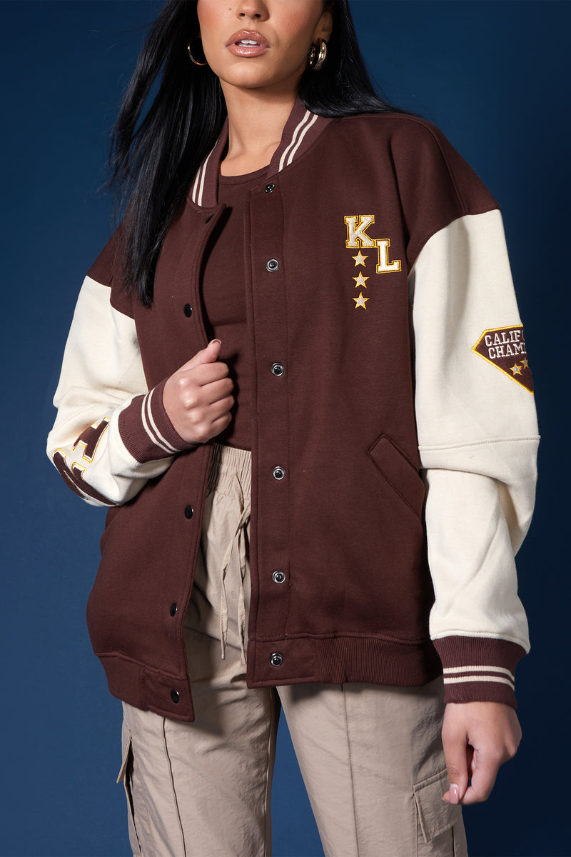 LA PALM TREE VARSITY JACKET CHOCOLATE